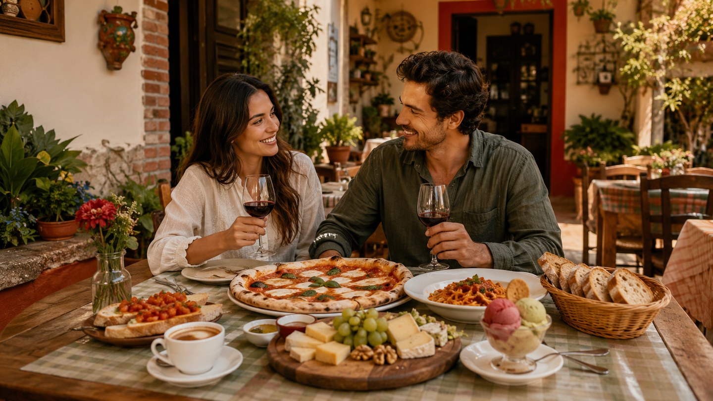 Couple sharing a generous Italian-Mexican meal with pizza, pasta, bread, wine, gelato, and coffee.